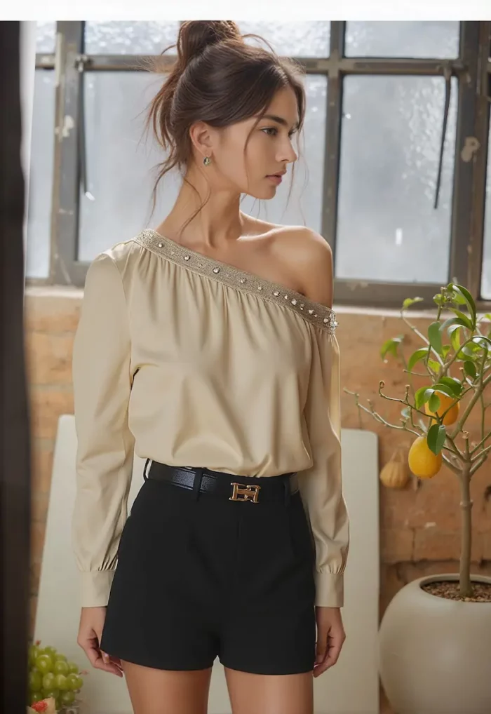 Brown Crinkle Textured Ruched Drawstring Collared Top - Image 3