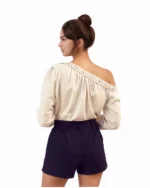 Brown Crinkle Textured Ruched Drawstring Collared top - Image 4