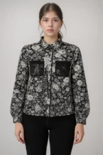 Black & White Floral Print Shirt with Lace Pockets - Image 2