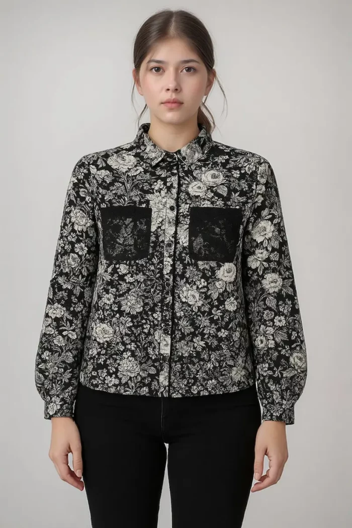 Black &Amp; White Floral Print Shirt With Lace Pockets - Image 2