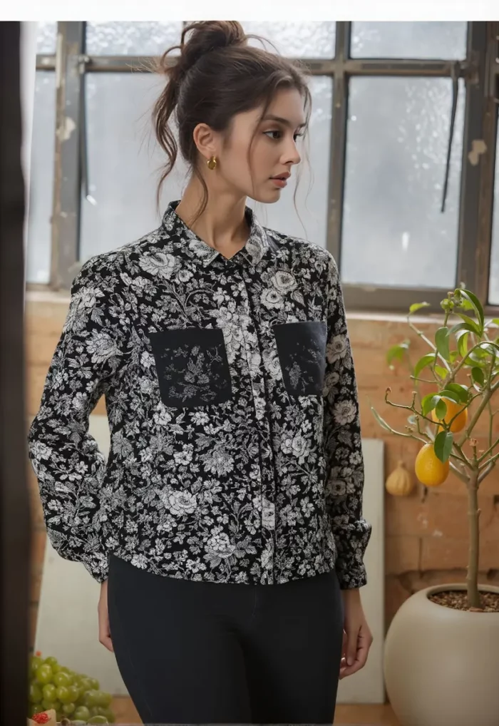 Black &Amp; White Floral Print Shirt With Lace Pockets - Image 3