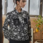 Black & White Floral Print Shirt with Lace Pockets