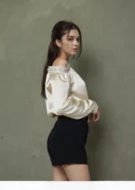 Brown Crinkle Textured Ruched Drawstring Collared top - Image 5