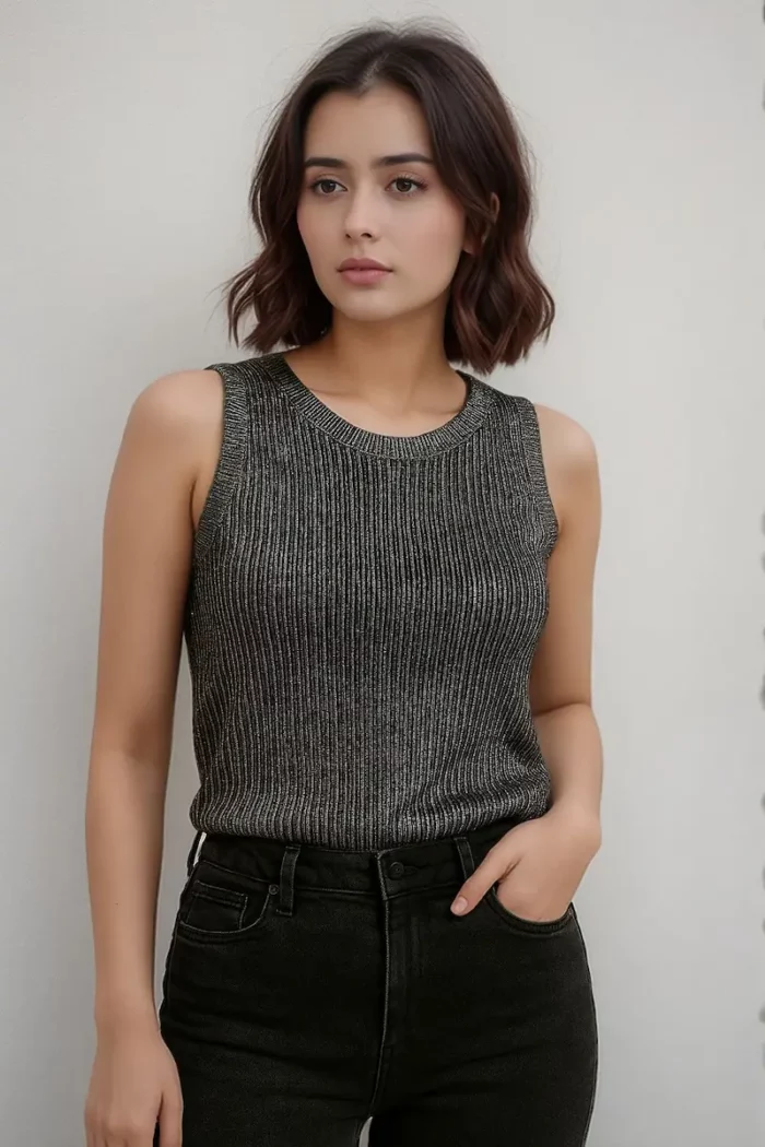 Ribbed Metallic Sleeveless Top - Image 1