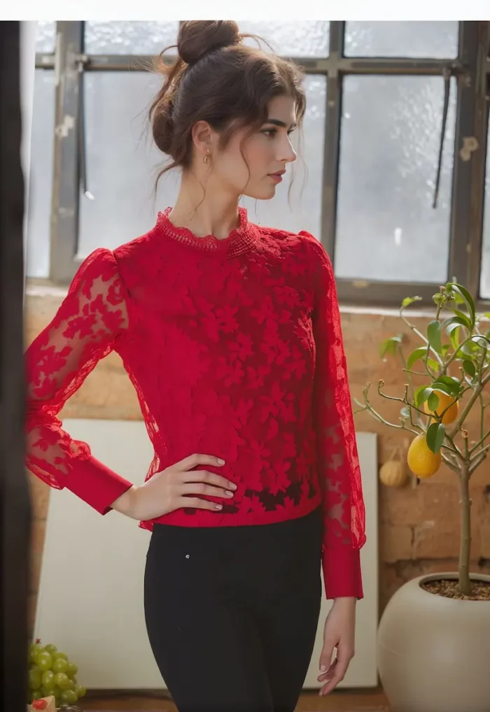 Sheer Floral Lace High Neck Top - Image 2