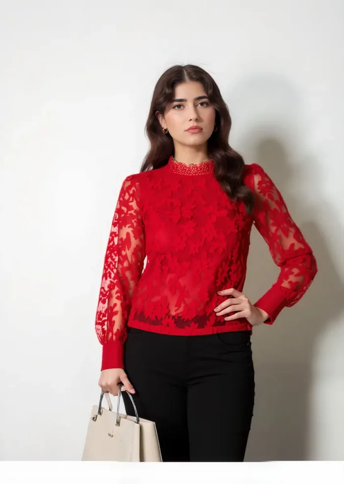 Sheer Floral Lace High Neck Top - Image 3