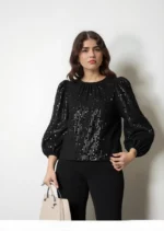 Black Sequin Balloon Sleeve Party Top - Image 2