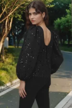 Black Sequin Balloon Sleeve Party Top - Image 3