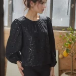 Black Sequin Balloon Sleeve Party Top