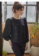 Black Sequin Balloon Sleeve Party Top