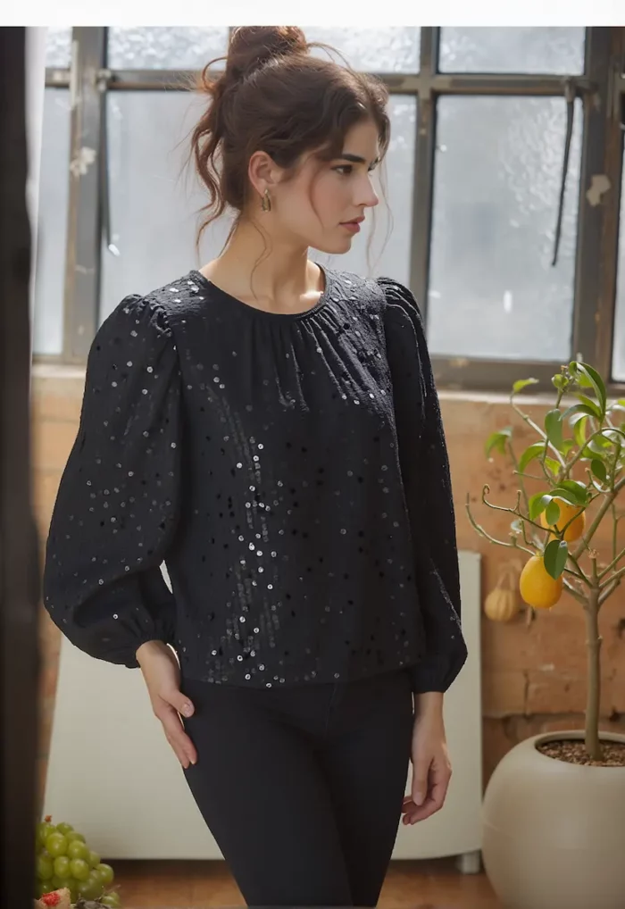 Black Sequin Balloon Sleeve Party Top - Image 1