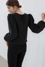 Black Sequin Balloon Sleeve Party Top - Image 4
