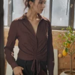 Brown Crinkle Textured Ruched Drawstring Collared top