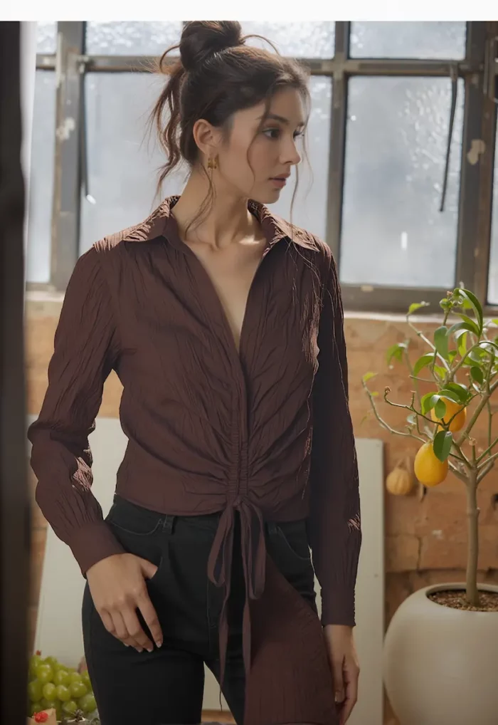 Brown Crinkle Textured Ruched Drawstring Collared top - Image 1