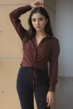 Brown Crinkle Textured Ruched Drawstring Collared top - Image 2