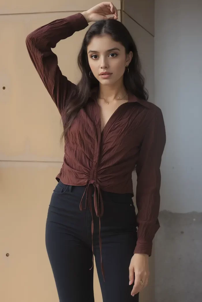 Brown Crinkle Textured Ruched Drawstring Collared top - Image 2