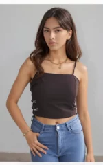 Side Clasp Detail Crop Cami top in BLACK - Image 4