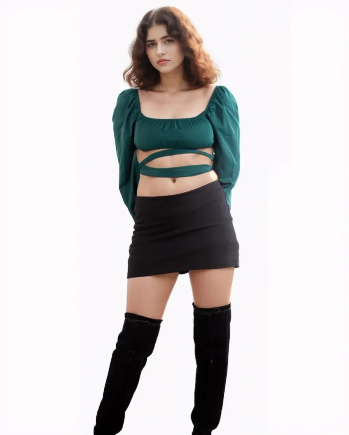 Emerald Green Puff Sleeve Wrap Crop Top - Image 1