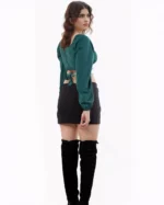 Emerald Green Puff Sleeve Wrap Crop Top - Image 2