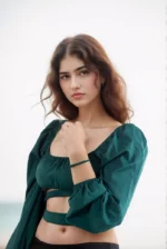 Emerald Green Puff Sleeve Wrap Crop Top - Image 3