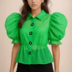Emerald Bloom Puff Sleeve Peplum Top