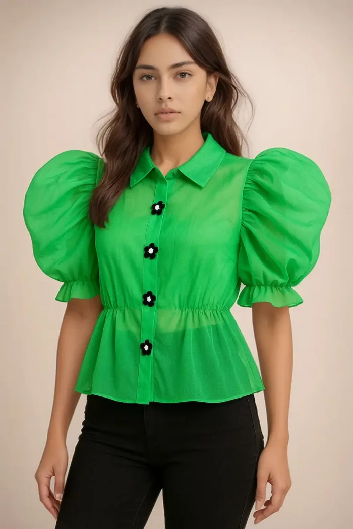 Emerald Bloom Puff Sleeve Peplum Top - Image 1