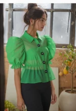 Emerald Bloom Puff Sleeve Peplum Top - Image 2