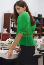 Emerald Bloom Puff Sleeve Peplum Top - Image 3
