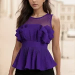Violet Ruffle Royale Pleated Mesh Peplum Top