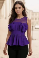 Violet Ruffle Royale Pleated Mesh Peplum Top