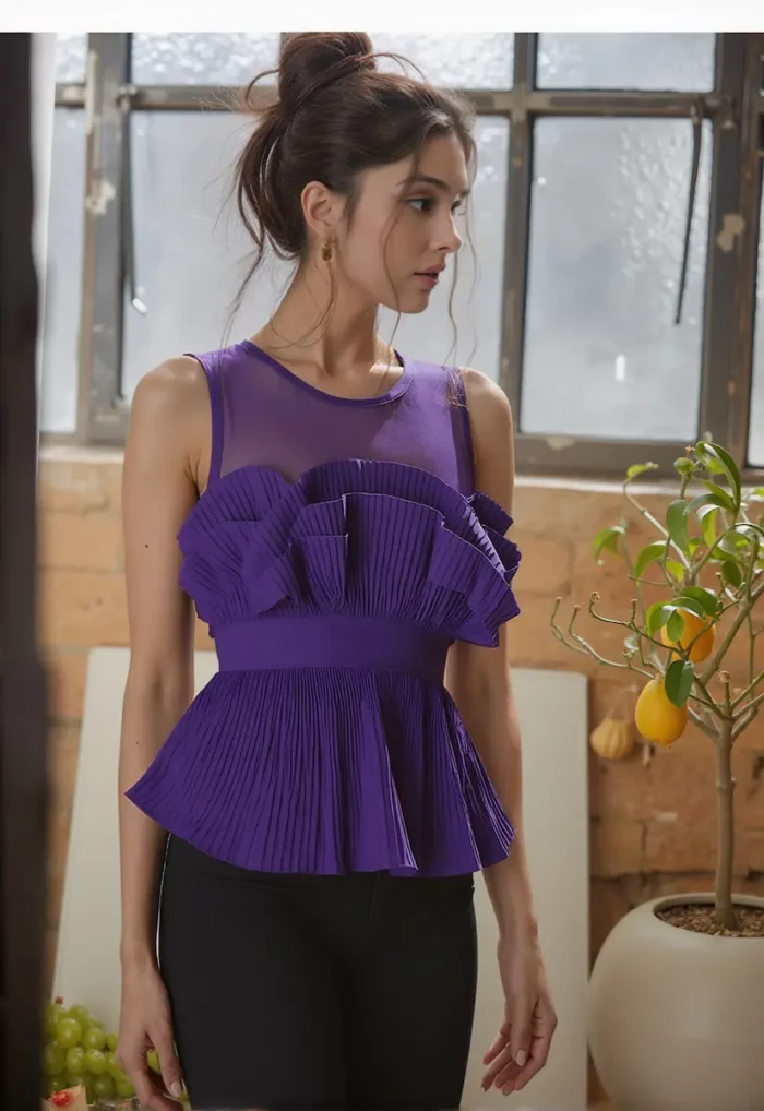 Violet Ruffle Royale Pleated Mesh Peplum Top - Image 2
