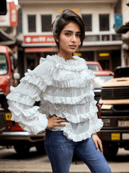 White Ruffle Layered Off-Shoulder Pleated Top