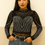 Black Rhinestone Top - Crop length - Embellished Stones - Mesh full Sleeve