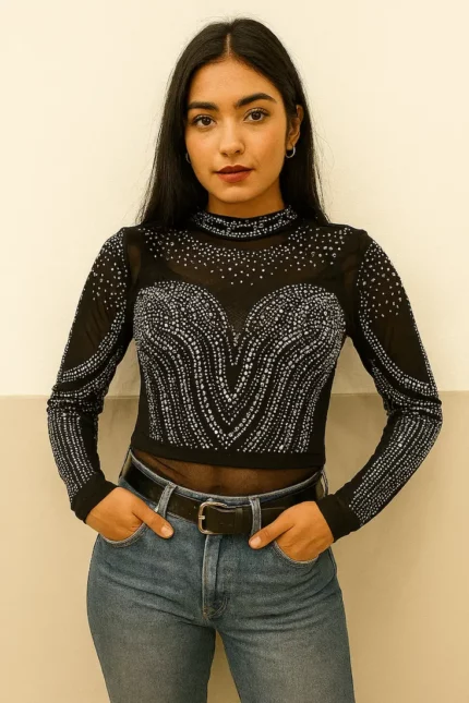 Black Rhinestone Top - Crop length - Embellished Stones - Mesh full Sleeve