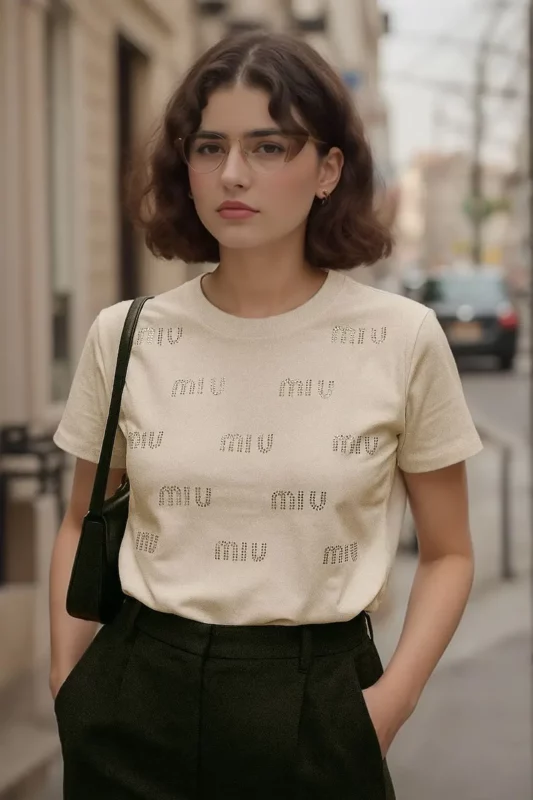 White T Shirt With Miu Miu Embellished crystals