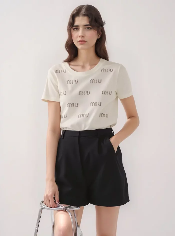 Miu Miu Embellished Crystals White T Shirt - Image 2