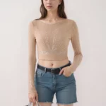 See Through beige rhinestone Crop Top for girls Embellished with silver studs