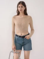 See Through beige rhinestone Crop Top for girls Embellished with silver studs