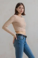 See Through beige Crop Top for girls Embellished with silver studs - Image 3