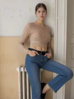 See Through beige Crop Top for girls Embellished with silver studs - Image 4