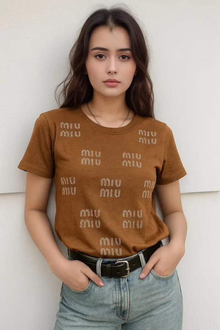 Embellished Miu Miu Crystals T Shirt In Brown - Image 1