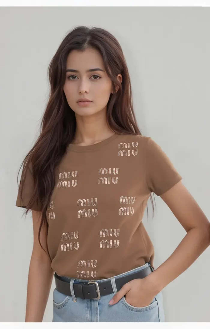 Embellished Miu Miu Crystals T Shirt In Brown - Image 3