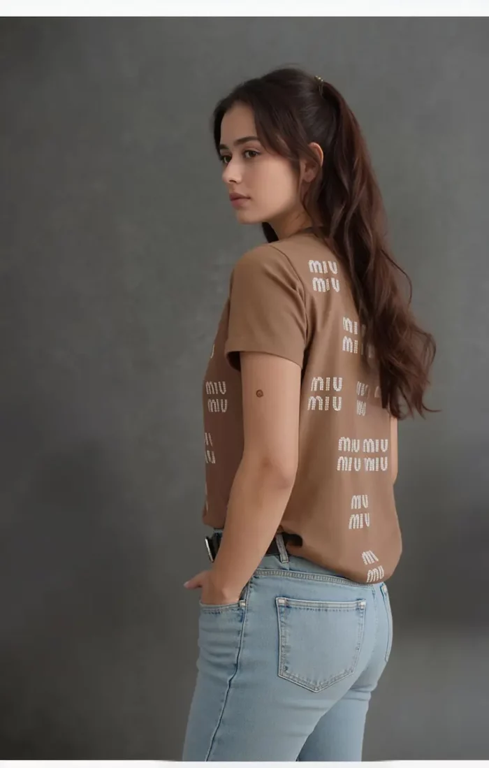 Embellished Miu Miu Crystals T Shirt In Brown - Image 4