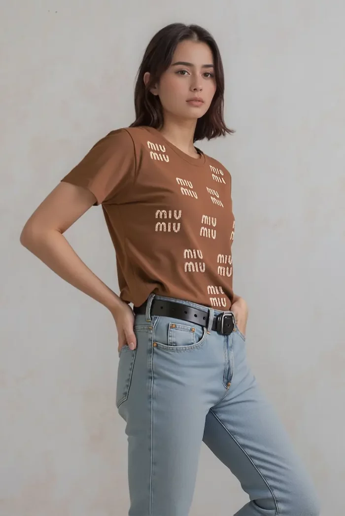 Embellished Miu Miu Crystals T Shirt In Brown - Image 5