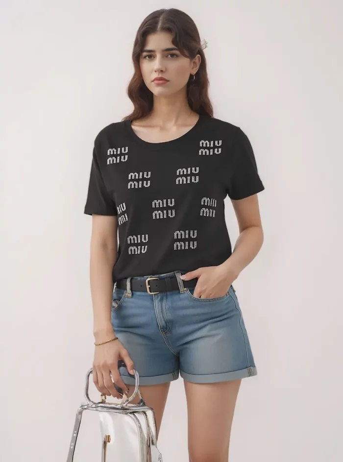 Miu Miu Embellished Black Logo T-Shirt - Image 3