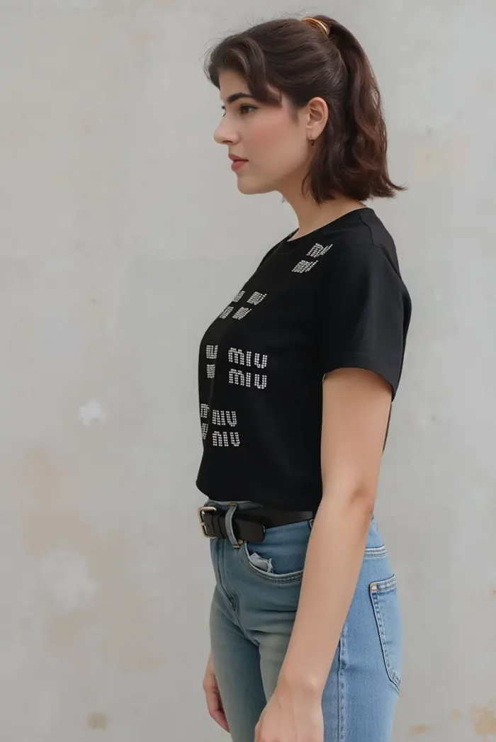 Miu Miu Embellished Black Logo T-Shirt - Image 5