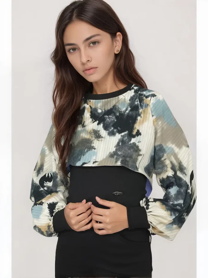 Women'S Abstract Printed T Shirt With Satin-Sleeve - Image 3