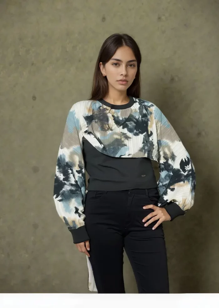 Women'S Abstract Printed T Shirt With Satin-Sleeve - Image 4