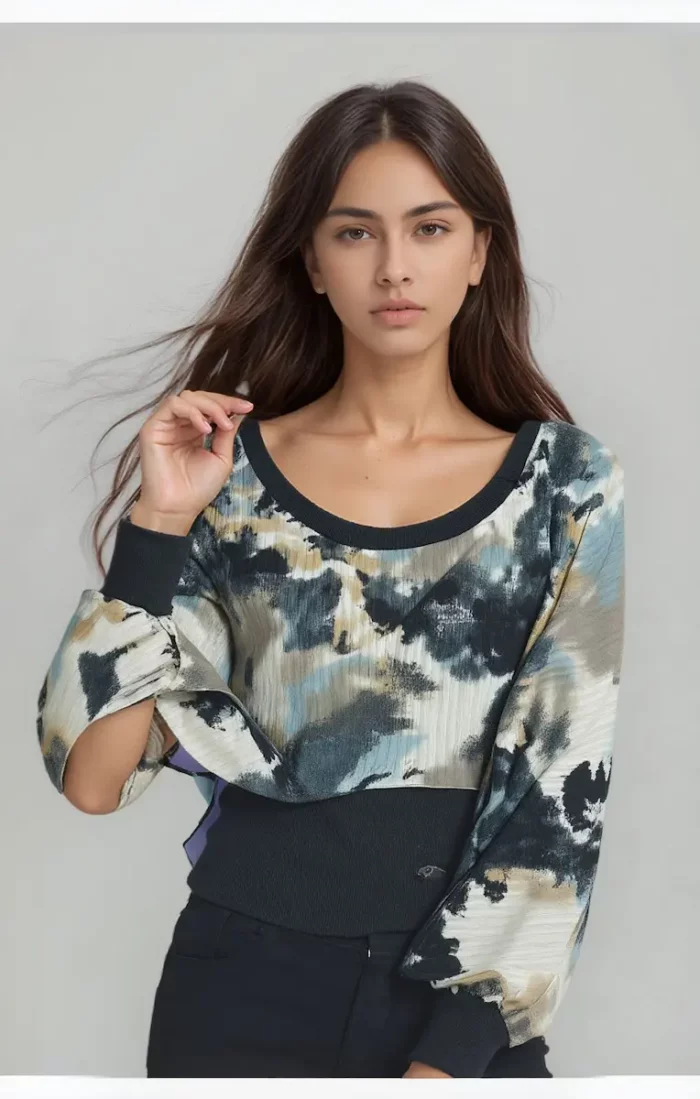 Women'S Abstract Printed T Shirt With Satin-Sleeve - Image 5