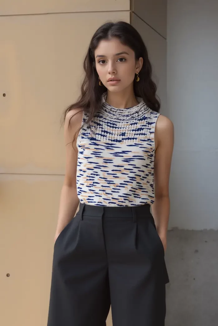 Mélange Round Neck Knit Sleeveless Top In White - Image 2